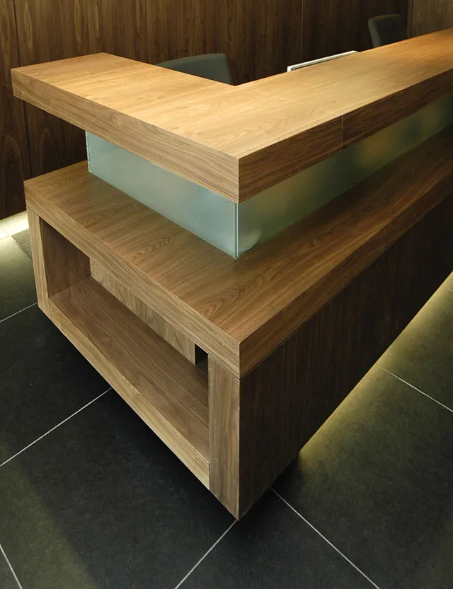 Bank reception area with bespoke counter and storage units