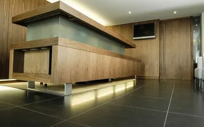 Bank reception area with bespoke counter and storage units